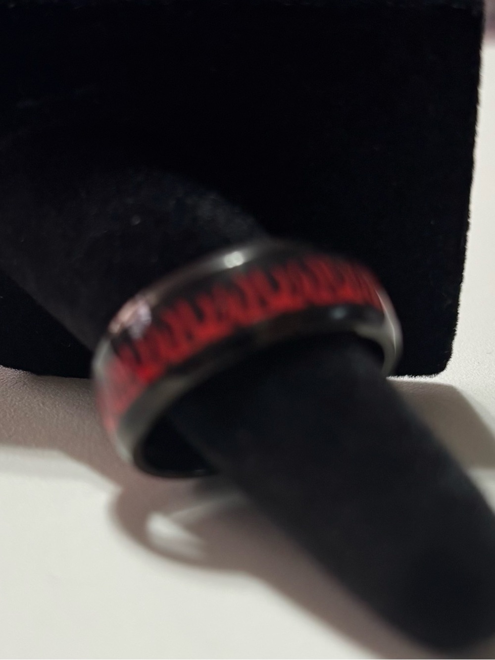 Men's Black Ring with Red Flames Inlay - Bold Statement Band Size 10 Enamel